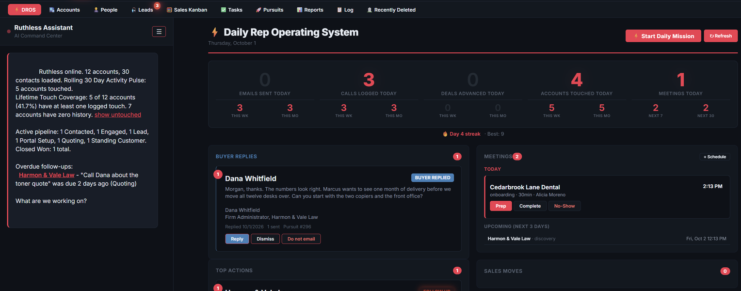 The DROS screen: today's counts, a buyer reply waiting, the top action with its reasons, meetings today, and at-risk deals